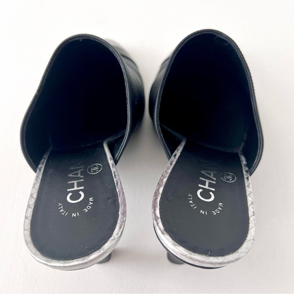 CHANEL | Black Leather Pointed High Heel Mules CC Logo Silver Scales EU 37.5 - Picture 6 of 14